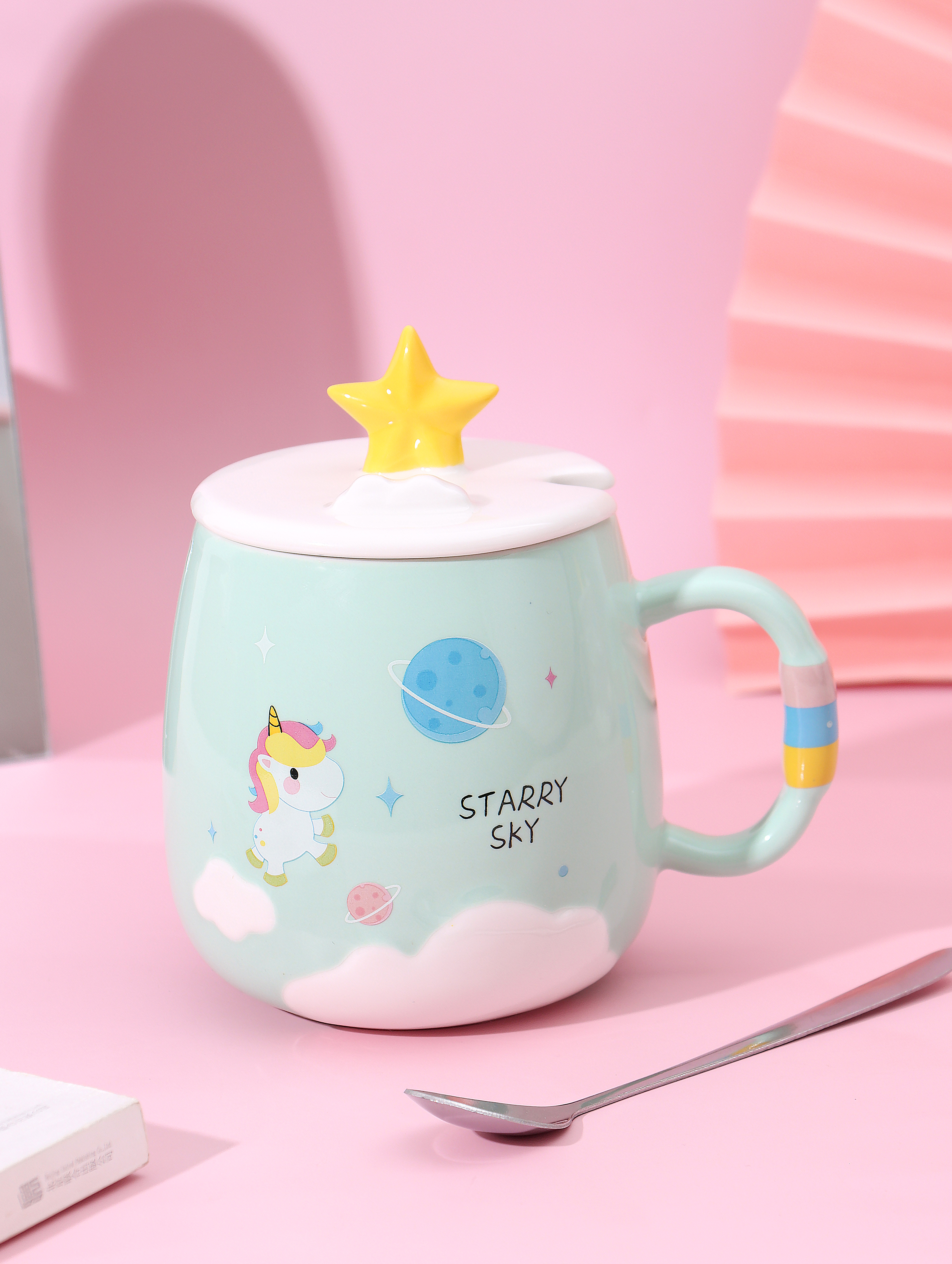 Unicorn & Light Green & StarryCartoon ceramics Girlish heart unicorn Mug Water cup female With cover originality trend office lovers powder Unicorn