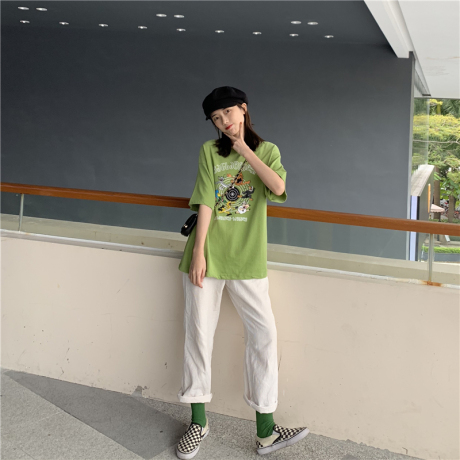 春装韩版宽松休闲卡通短袖T恤女2019新款网红圆领中袖上衣打底衫