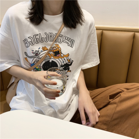 春装韩版宽松休闲卡通短袖T恤女2019新款网红圆领中袖上衣打底衫