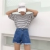 Mùa hè ăn mặc Hàn Quốc phiên bản của cá tính tình yêu thêu lỏng jeans viền quần chân rộng cao eo quần thẳng quần short triều quần áo nữ Quần jean