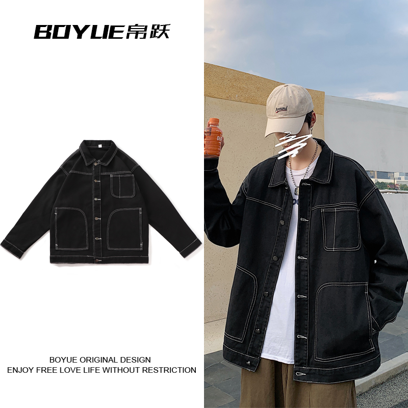 Ins autumn trend Multi Pocket work wear denim jacket loose casual Japanese retro men's jacket Korean version