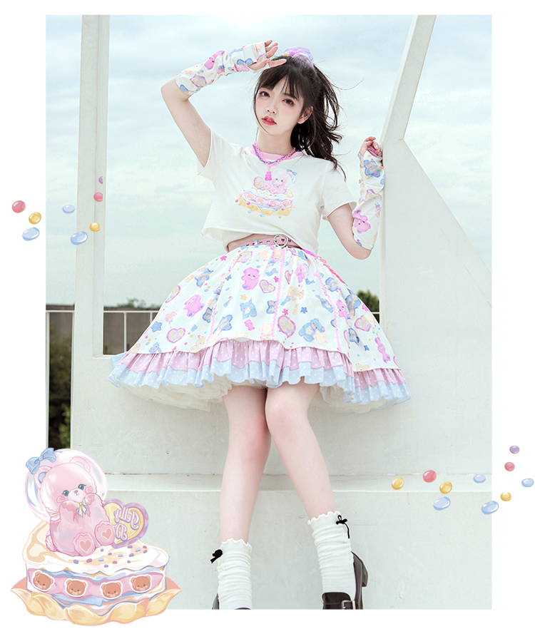 White & Shortcat  Bear Soft candy T-shirt Can of cat Lolita original Bare sweet lovely Lolita Short sleeve Crew neck pure cotton