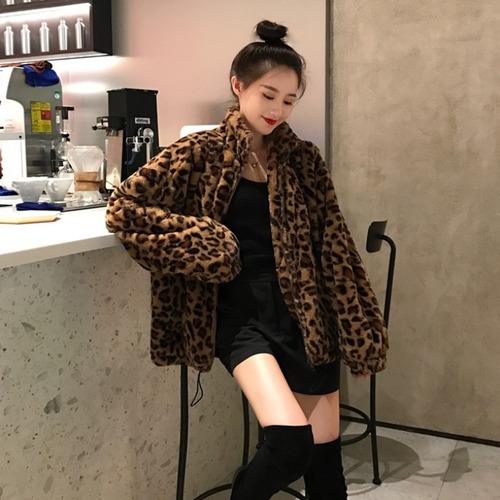 Net red leopard mink fur coat women fashion ins autumn winter Korean loose style cotton Plush zipper cotton jacket