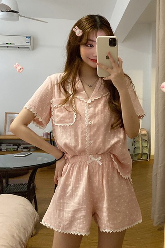 Net red pajamas women Summer Cotton ins fashion students Lovely Japanese love home clothes short sleeve shorts suit trend