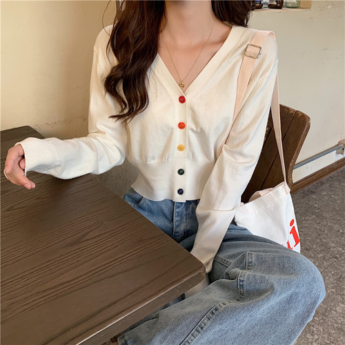 Small fresh color buttons age reduction slim V-neck cardigan Long Sleeve Sweater Top Women