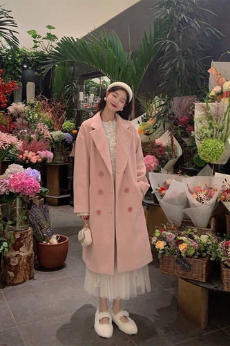 Розовое демисезонное шерстяное пальто, куртка, пуховик, в корейском стиле