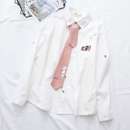 Милая мультяшная японская школьная юбка, съемный универсальный галстук, хлопковая рубашка для школьников, с вышивкой, оверсайз, длинный рукав
