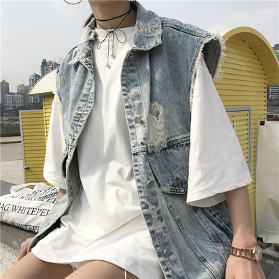 Vest nữ mùa xuân và mùa hè Hàn Quốc phiên bản mới lỗ lớn để làm cũ nguyên lỏng denim tay áo khoác sinh viên áo khoác vest Áo vest