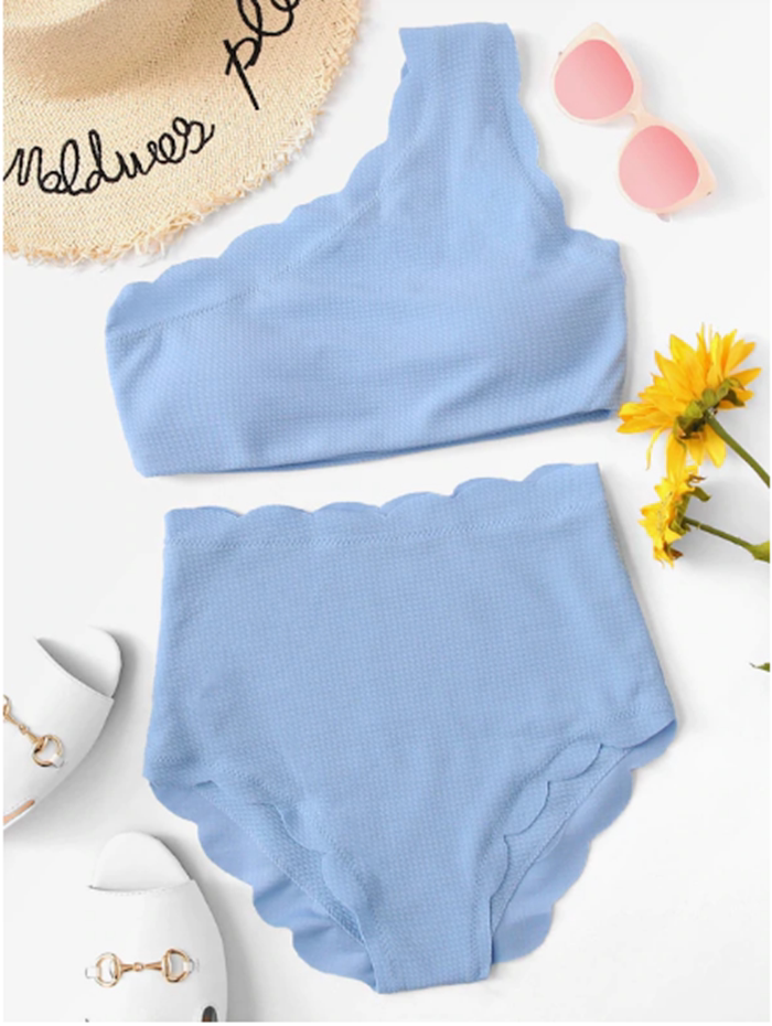 Футболка с плеча-бантом в форме веера с высоким поясом купальник-бикини SWIMWEAR лепесток женский раздельный купальник