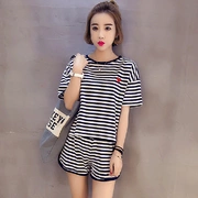 Hàn quốc phiên bản của sọc đen mùa hè cotton ngắn tay quần short đồ ngủ nữ sinh viên lỏng kích thước lớn dịch vụ nhà hai mảnh phù hợp với