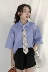 Ins đề nghị ~ Hàn Quốc mới của ve áo nhỏ đại học rắn màu xanh ngắn tay lỏng áo sơ mi mỏng để gửi một tie Áo sơ mi