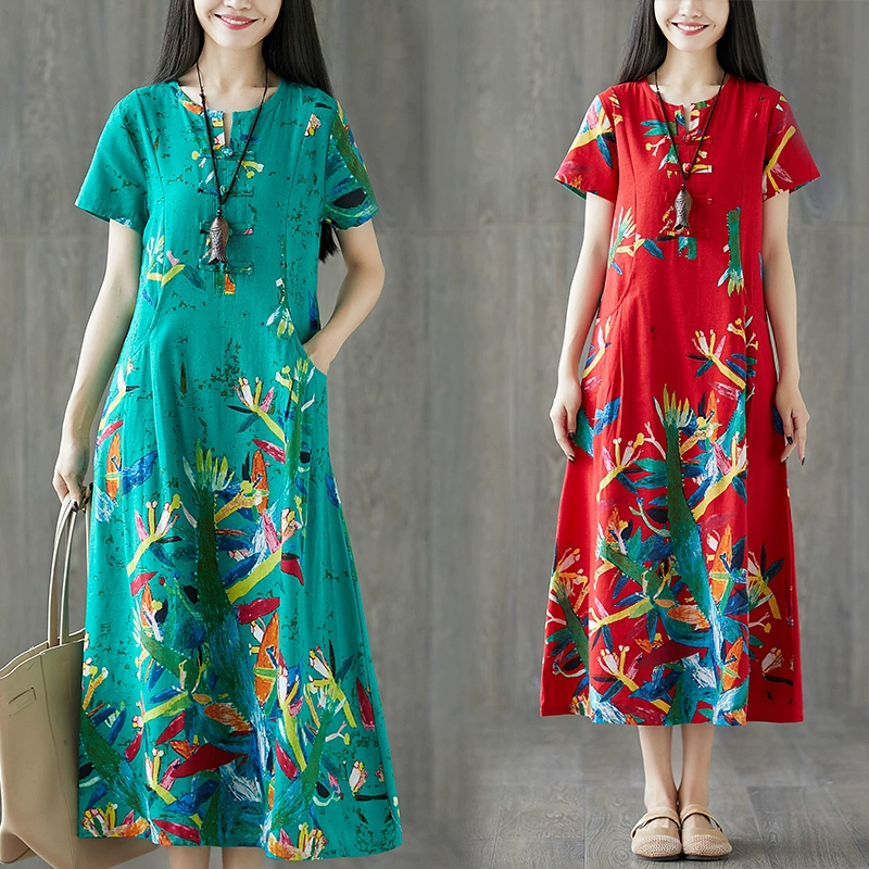 Mùa hè năm 2021 phiên bản Hàn Quốc mới của phụ nữ vải cotton và vải lanh lỏng lẻo in phong cách dân tộc nút đĩa váy ngắn tay váy dài - Váy dài