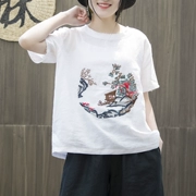 Muromachi 2019 hè mới thêu ramie ngắn tay áo thun nữ cotton và vải lanh nữ - Áo phông
