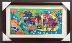 Рисунки акварелью и гуашью 金山农民画《美丽的小村庄》带框，画芯25cmx50cm-邵其华原创作品