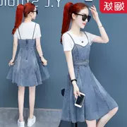 Thời trang váy denim quây nữ 2019 hè Hàn Quốc phiên bản mới eo cao giản dị một chiếc váy hai dây - A-Line Váy