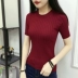 2018 mùa xuân và mùa hè phụ nữ mới của Hàn Quốc phiên bản của vòng cổ màu rắn hoang dã tự trồng giảm béo đan áo sơ mi ngắn tay