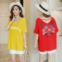 Phụ nữ mang thai mùa hè phù hợp với mô hình thời trang 2018 new cotton V-Cổ ngắn tay ngắn tay + phụ nữ mang thai quần short mùa hè hai mảnh các thương hiệu đầm bầu nổi tiếng