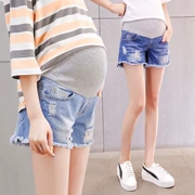 Quần bà bầu mùa hè nâng bụng quần jeans Thời trang bà bầu mặc quần lửng ống rộng Phiên bản Hàn Quốc của quần bà bầu