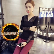 Mùa đông mới cotton gợi cảm Đầm bó sát cổ chữ V cộng với nhung dày đồ lót nhiệt chạm đáy áo sơ mi nữ