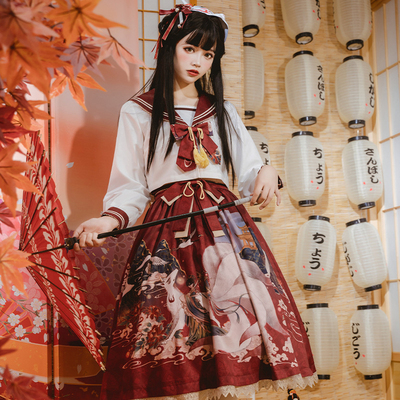 taobao agent [Xingchen Garden] Original genuine fox demon records and wind jk uniform Fengshui hand -printed skirt SK Lolita