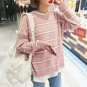 Ulzzang áo len của phụ nữ đầu lỏng Hàn Quốc phiên bản của mùa xuân và mùa thu mới vòng cổ là mỏng màu sắc hoang dã phù hợp với sọc áo len