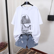 Mùa hè mới phiên bản Hàn Quốc của cotton kích thước lớn nữ cổ tròn tay ngắn Áo thun in tay nửa áo khoác Jie Ai show nghệ thuật JA1003 - Áo phông