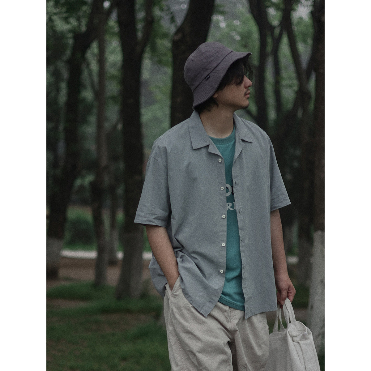 Crisis Youth Men's short-sleeved, thin summer Japanese-style loose solid color drape retro Cuban collar shirt jacket details Picture