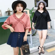 Mùa hè 2019 phiên bản Hàn Quốc của chị béo kích thước lớn áo sơ mi nữ voan mỏng béo mm nước ngoài che bụng áo ren nữ - Áo sơ mi chiffon ren