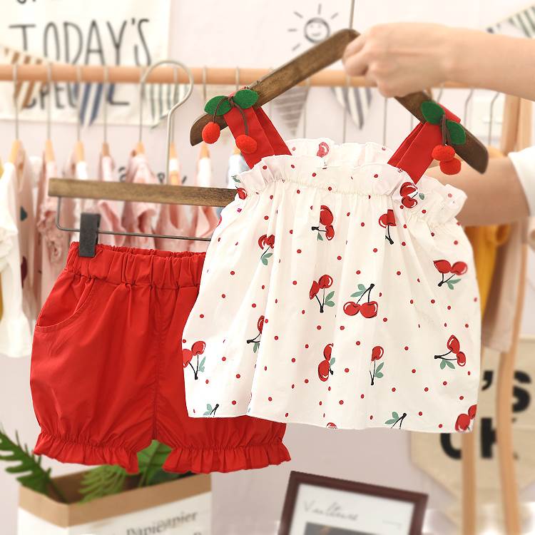 Red (Cherry)Children's wear 2021 summer new pattern children lattice suit girl baby Foreign style wing Halter tops shorts Two piece set