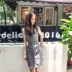 Hong Kong-phong cách retro chic phong cách kẻ sọc cổ điển túi một hàng khóa lỏng hoang dã eo giảm béo không tay váy nữ