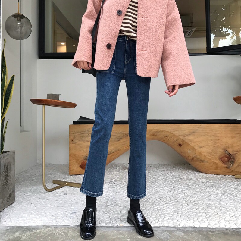 复古港风chic裤子显腿直深蓝色显瘦弹力高腰牛仔裤女直筒九分裤