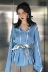 Hồng Kông-hương vị chic phong cách màu xanh và trắng sọc dọc lỏng dài tay áo + bạc thắt nút thời trang phù hợp với nữ