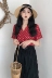Hàn quốc phiên bản của chic retro phong cách red dot ngắn tay áo V-Cổ áo + phần dài cao eo váy phù hợp với nữ mùa hè