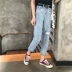 Retro Hàn Quốc chic gió mill bị hỏng quần chân thẳng quần đa năng cao eo màu rắn chín điểm jeans phụ nữ mùa hè shop quần áo nữ Quần jean