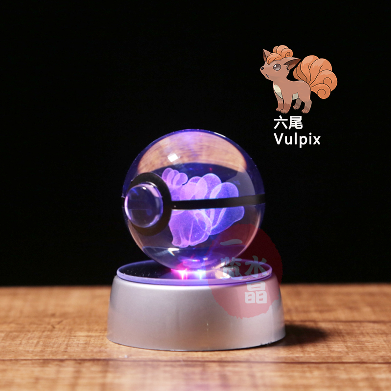 Anime Pokemon Vulpix 3D Crystal Ball Pokeball Anime Figures Engraving Crystal Model with LED Light Base Kids Toy ANIME GIFT