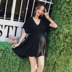 Thai sản dress mùa hè 2018 thai sản mới dress đen tính khí V-Cổ dài ngắn tay voan thai sản dress Áo thai sản