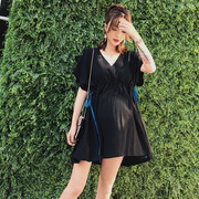 Thai sản dress mùa hè 2018 thai sản mới dress đen tính khí V-Cổ dài ngắn tay voan thai sản dress