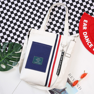 White & Contrast Pockettrend the republic of korea Simple leisure cowboy Canvas bag like a breath of fresh air portable Cloth bag Solid color Versatile literature The single shoulder bag