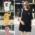 Phụ nữ mang thai mùa hè áo sơ mi ngắn tay T-Shirt Hàn Quốc thời trang dài lỏng kích thước lớn mang thai bông váy triều áo bà bầu đẹp Áo thai sản