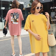Phụ nữ mang thai mùa hè áo sơ mi ngắn tay T-Shirt Hàn Quốc thời trang dài lỏng kích thước lớn mang thai bông váy triều