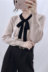 Phiên bản Hàn Quốc đơn giản với kiểu dáng cổ yếm ngọt ngào tương phản nơ dài tay áo len nữ mùa thu đông mới len áo khoác len Cardigan
