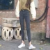 Thu đông phiên bản Hàn Quốc eo cao đa năng Mỏng mỏng co giãn đen lỗ rách chín điểm quần jeans nữ chân quần thủy triều