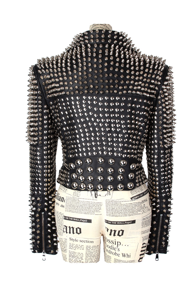 朋克风欧美高端重工铆钉修身机车水洗仿羊皮pu皮外套女