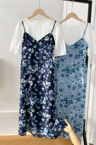 Платье, юбка, летняя одежда, жакет, свежий комплект, коллекция 2021, короткий рукав, с лямками, в цветочек, в корейском стиле