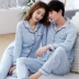 Phiên bản Hàn Quốc của bộ đồ ngủ đôi ve áo dài tay cotton mùa xuân và mùa thu nam nữ áo len phục vụ nhà đôi phù hợp ngọt ngào
