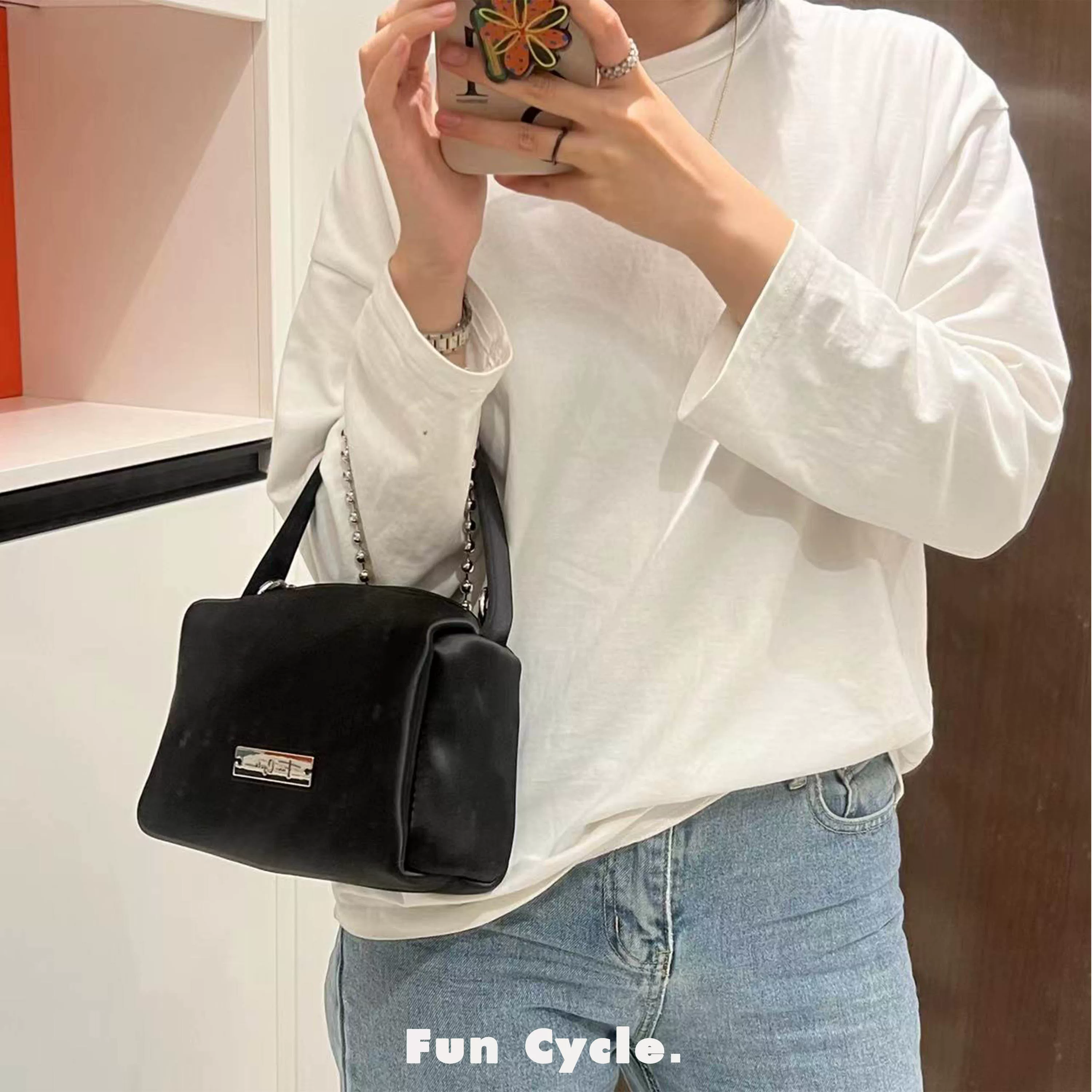 Genuine black handheld small bag, one-shoulder bag