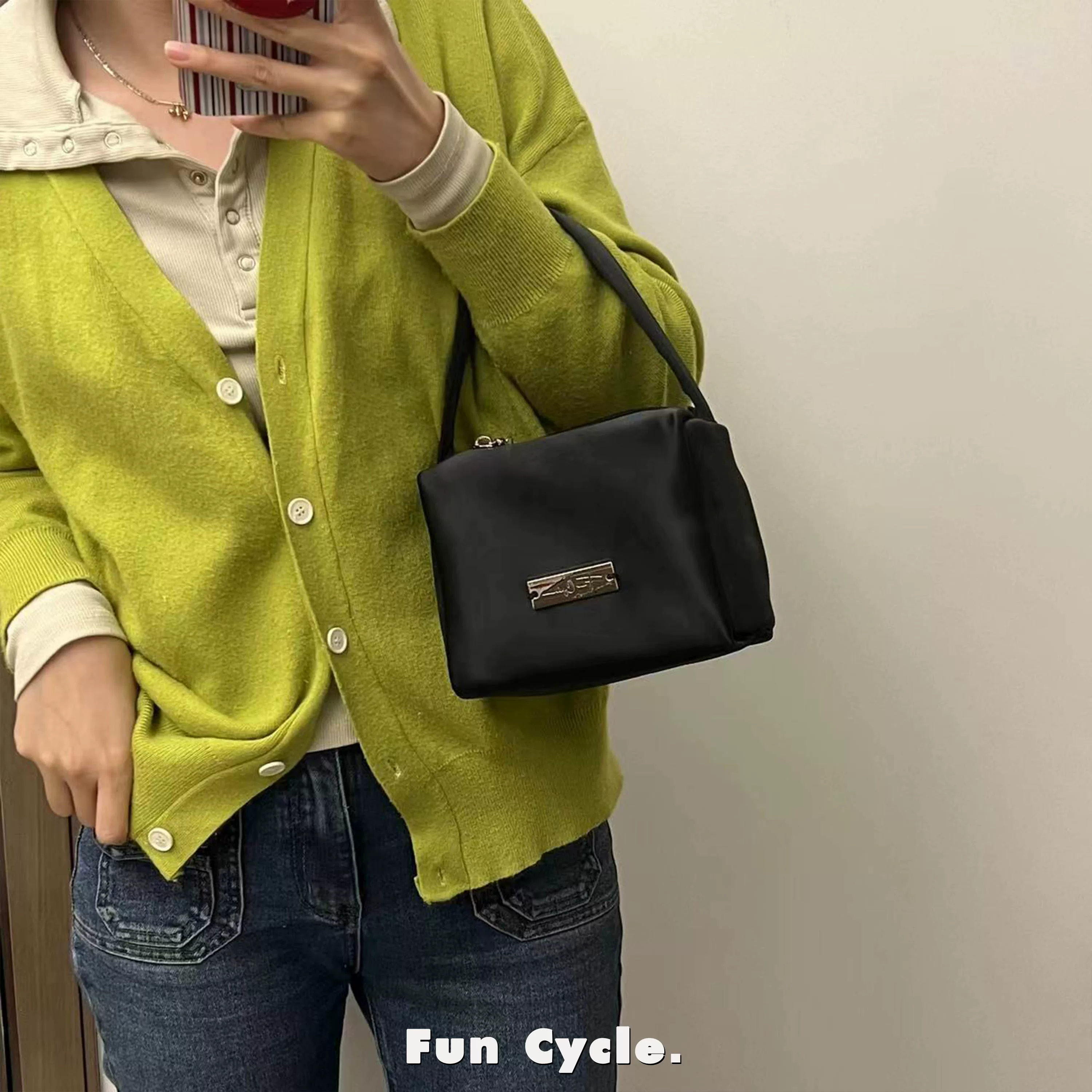 Genuine black handheld small bag, one-shoulder bag