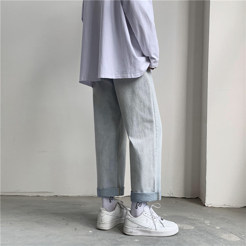 Fashion brand ins jeans men's straight tube loose fall feeling all kinds of wide leg pants Korean Trend casual 9-point pants