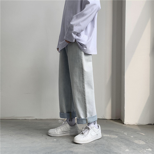 Fashion brand ins jeans men's straight tube loose fall feeling all kinds of wide leg pants Korean Trend casual 9-point pants