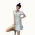 Mùa hè 2019 mới thon gọn cổ chữ V tay ngắn đơn váy A-line váy kẻ sọc khí chất váy nữ tính thủy triều - A-Line Váy đầm xòe A-Line Váy